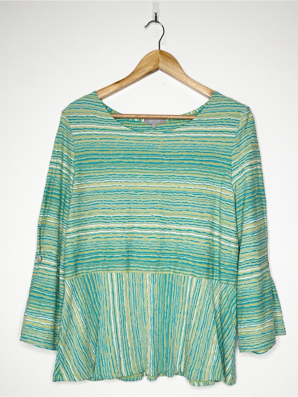 Habitat Striped Seersucker Bell Sleeve Peplum Top Size Medium